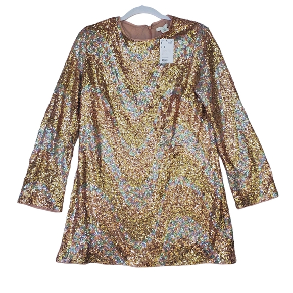 New Sequin Mini Dress Flare Sleeve Stretchy Pastel Champagne Size M NWT! Rose - Picture 12 of 12